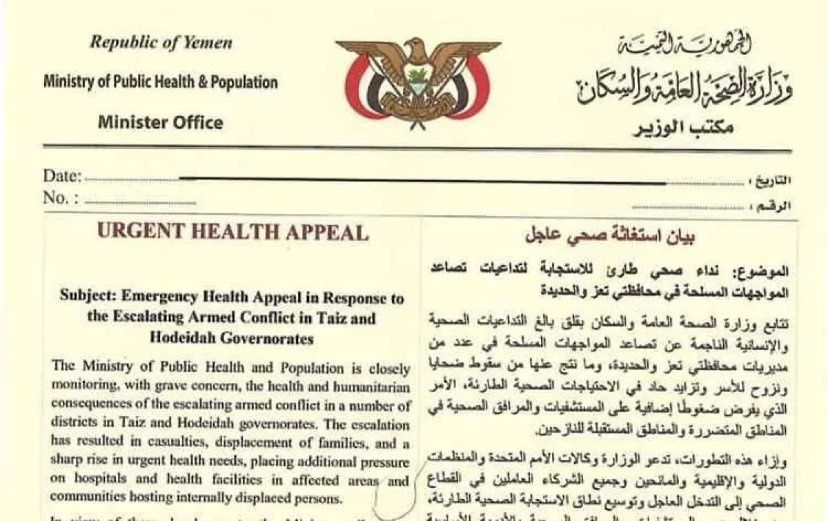 وزارة الصحة تدعو المنظمات الدولية والشركاء إلى الاستجابة العاجلة لتداعيات المواجهات في تعز والحديدة